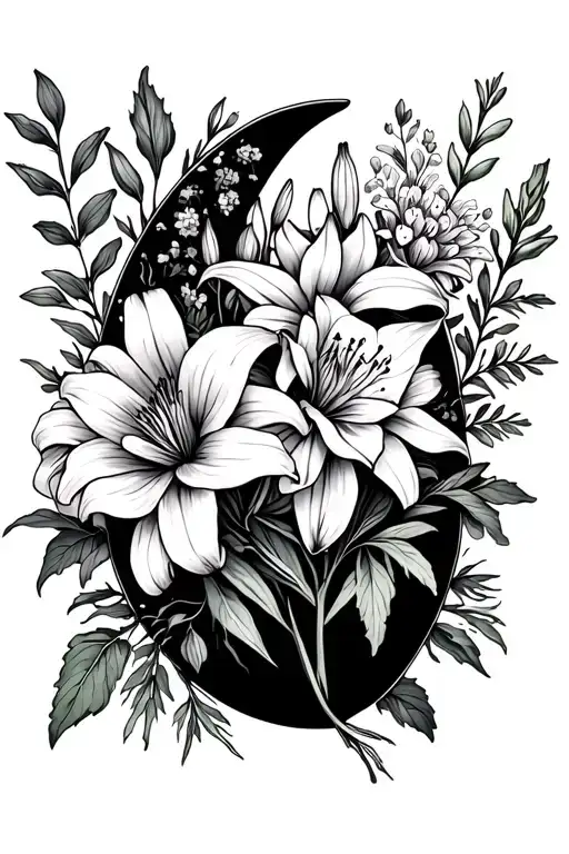 bouquet of daylily, evening primrose, dahlia, wormwood, campanula, and balsam in the shape of a crescent moon tattoo design idea