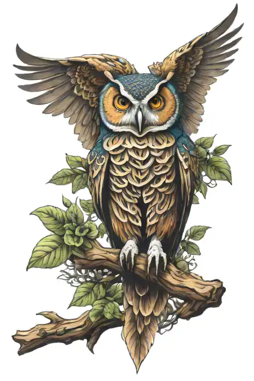 Celtic owl on branch with wings outstretched wings tattoo design idea