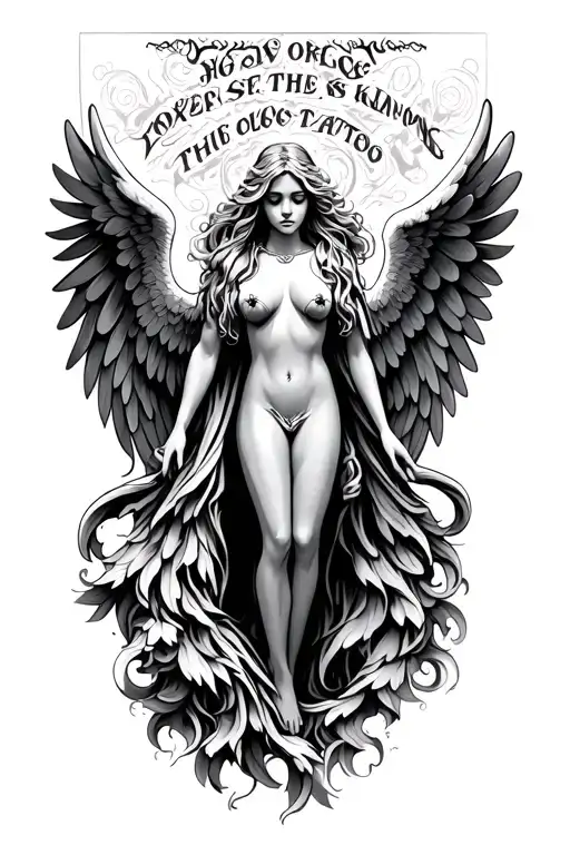 angel with six wings  with text and eyes in the backround  tattoo design idea