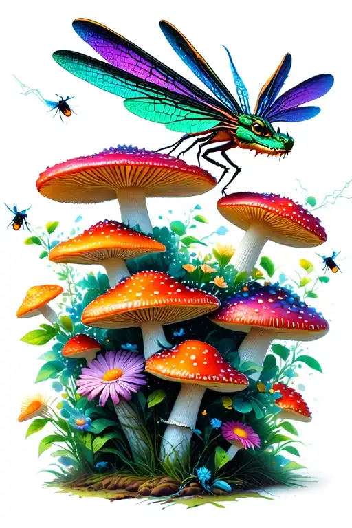 green, purple, and blue dragon fly perched on a group of psychedelic mushrooms with flowers and lightning bugs tattoo design idea