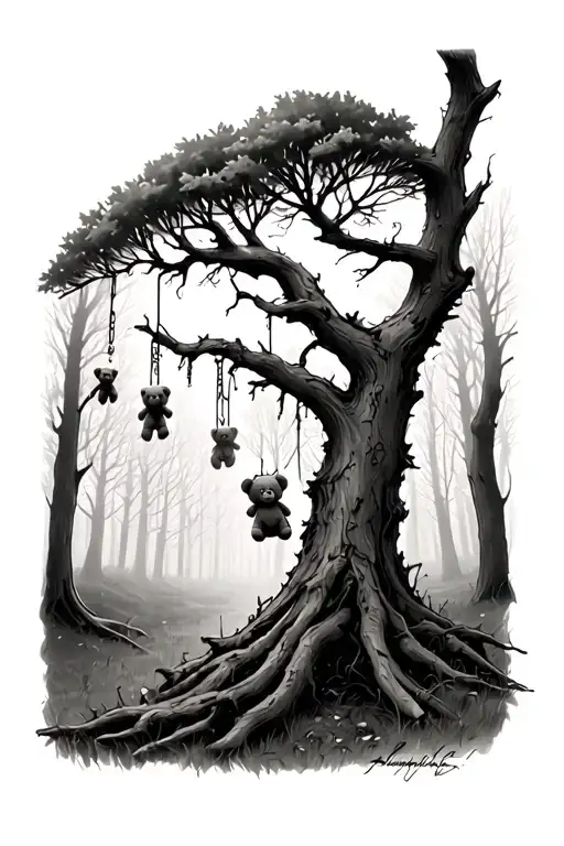 A single dead tree with a creeping limb and on that limb are hanging decaying teddy bears with a forest in the bacground tattoo design idea