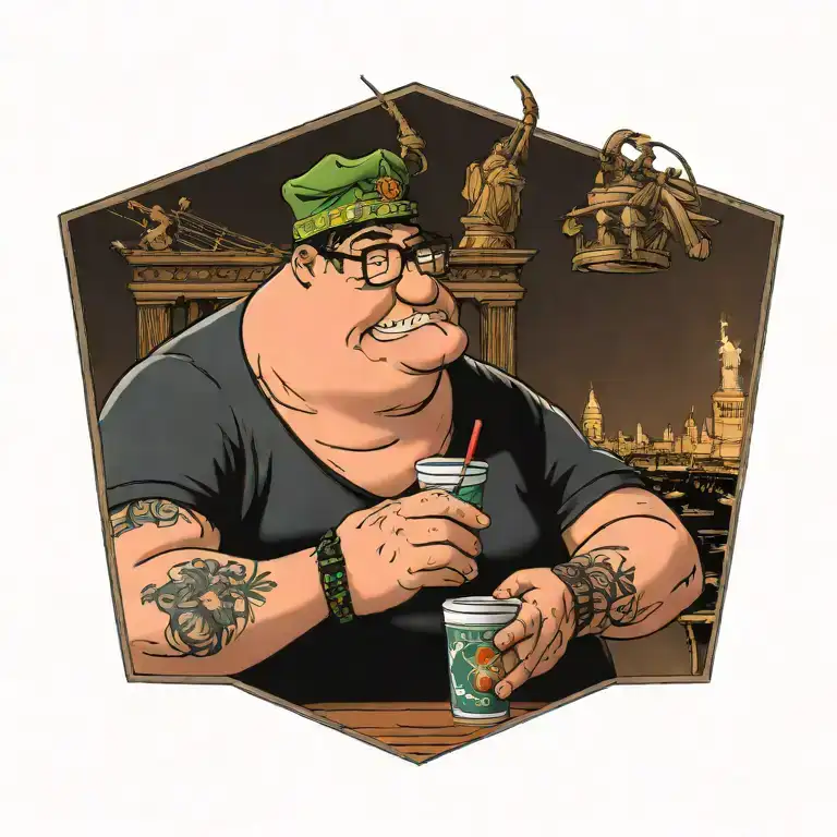 peter griffin having a drink with the statue of liberty tattoo design idea