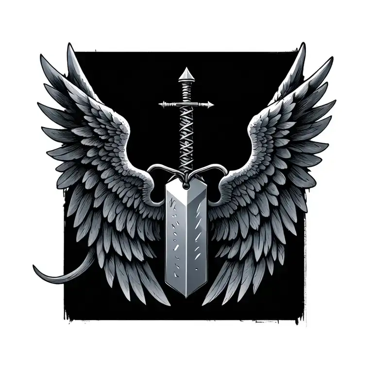 dagger with angelic wings piercing dog tags tattoo design idea