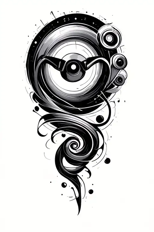 music with geek stuff and spiral asymmetric layout tattoo design idea