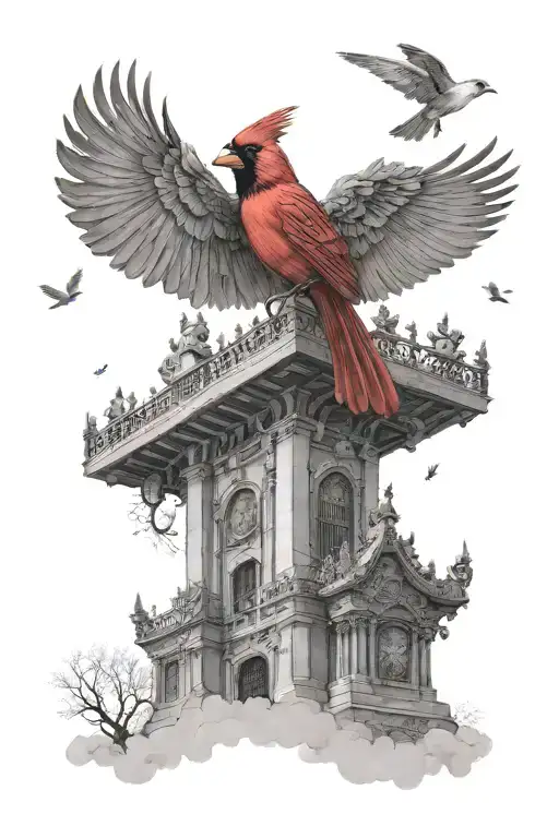 red cardinal flying toward heaven gates someone walking tattoo design idea