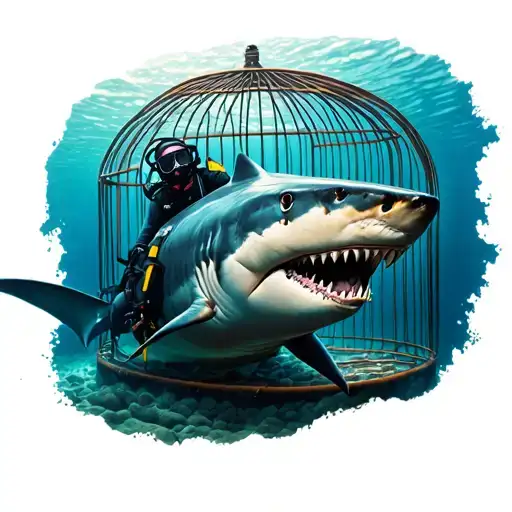 realistic great white shark with scuba diver in a shark cage tattoo design idea