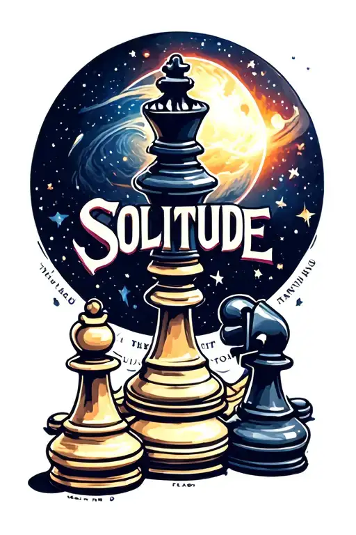 chess peices with the word solitude in the middle with outer space surrounding the word tattoo design idea