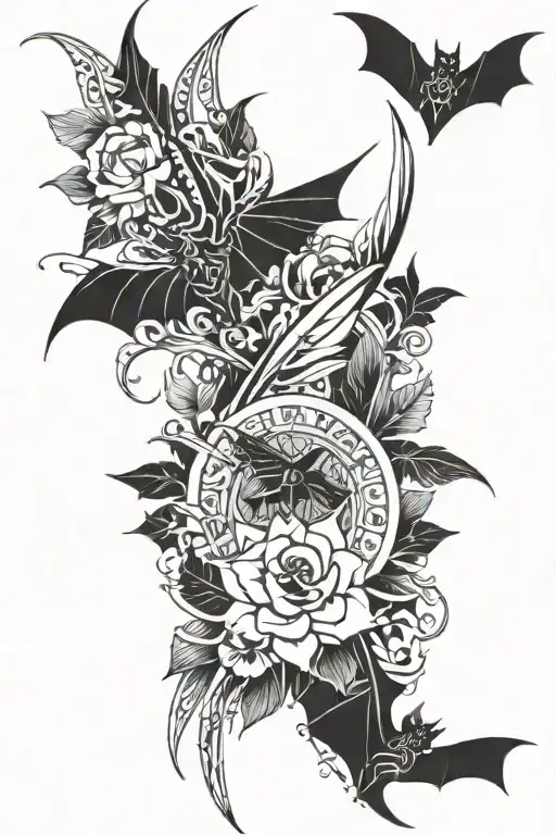 dagger wrapped by flowers and bats flying across tattoo design idea