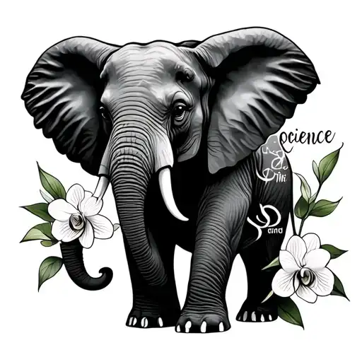 half elephant surrounded by orchid flower cursive saying coscience    tattoo design idea