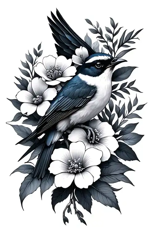 multiple flowers and leaves, organic flow. Bird. linework and dot work. feminine. tattoo design idea