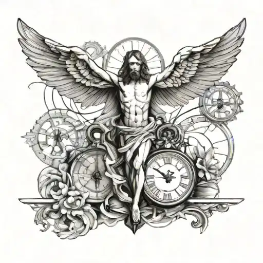 Jesus Christ on the cross and with angel wings and several clocks in the background tattoo design idea