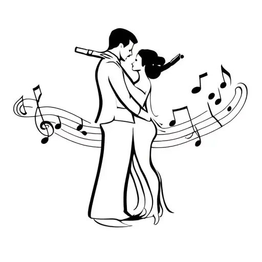 A minimalist design of a silhouette of a couple embracing, with subtle musical notes and cigar smoke swirling around them, representing your interests in sex, music, and cigars tattoo design idea