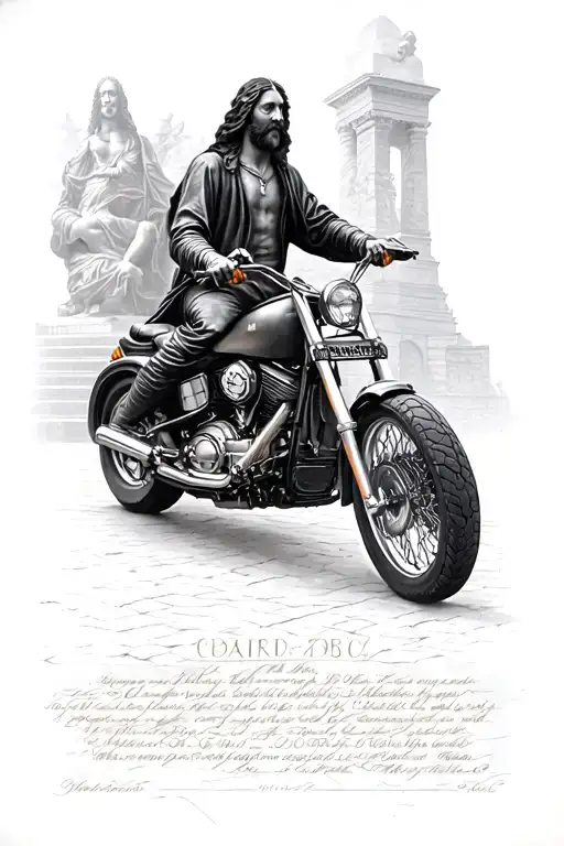 A motorcycle facing a monument of Leonardo da Vinci art work tattoo design idea