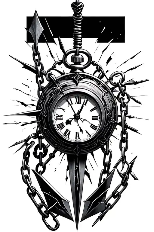 clock stopwatch chains hanger sword arrow time date sleek broken chains eyes tattoo design idea