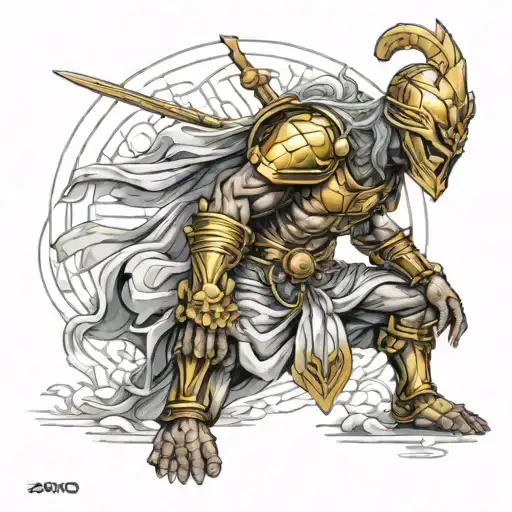 The central figure is a warrior, kneeling in solemn reverence, the weight of both honor and grief he tattoo design idea