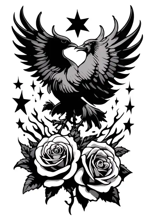 single roses and phoenix stencil and flames with shooting stars and kiss tattoo design idea