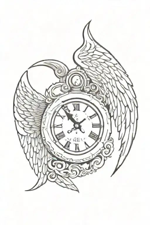 a warrior angel wings with a cross in the background and a clock tattoo design idea