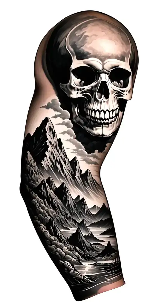 arm sleeve skull and maori and realistic mountains tattoo design idea