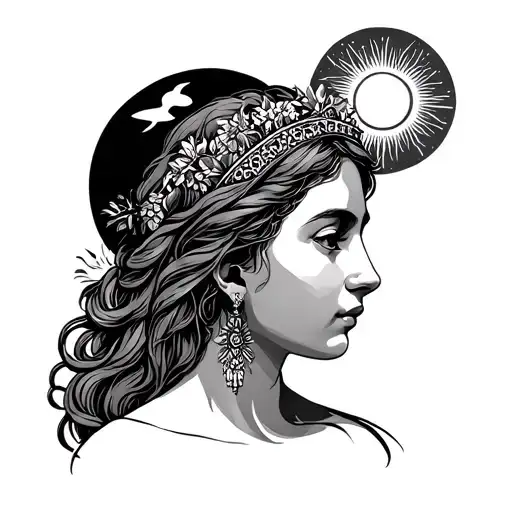Virgo maiden face with sun in background symbolizing tattoo design idea