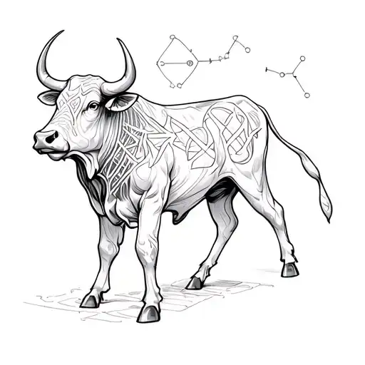 A sketch tattoo of a bull constellation with DNA helixes woven into the design, representing the client's zodiac sign Taurus and passion for genetics tattoo design idea