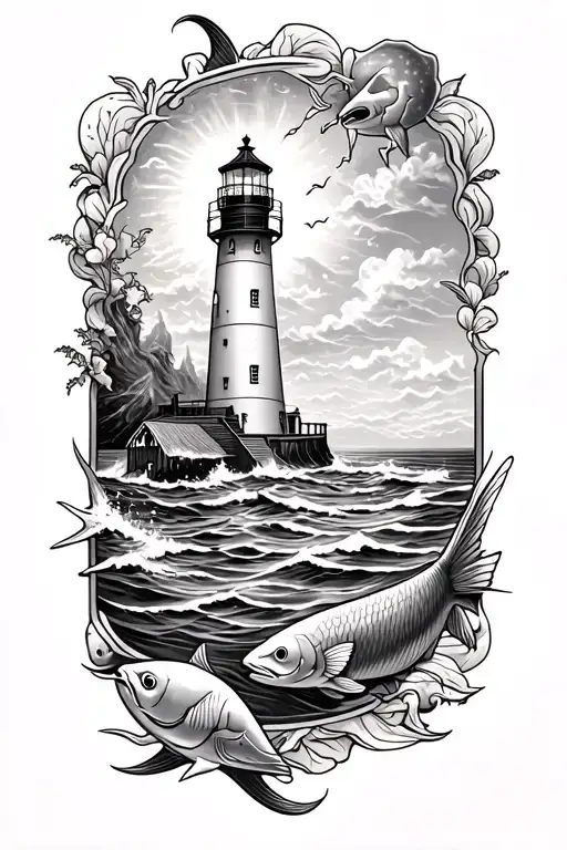 Ocean with light house and salt water fish tattoo design idea