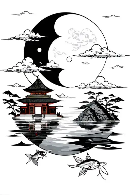 mixture of Egyptian  and Japanese temple with clouds and moon with a lake with koi fish making ying yang  tattoo design idea