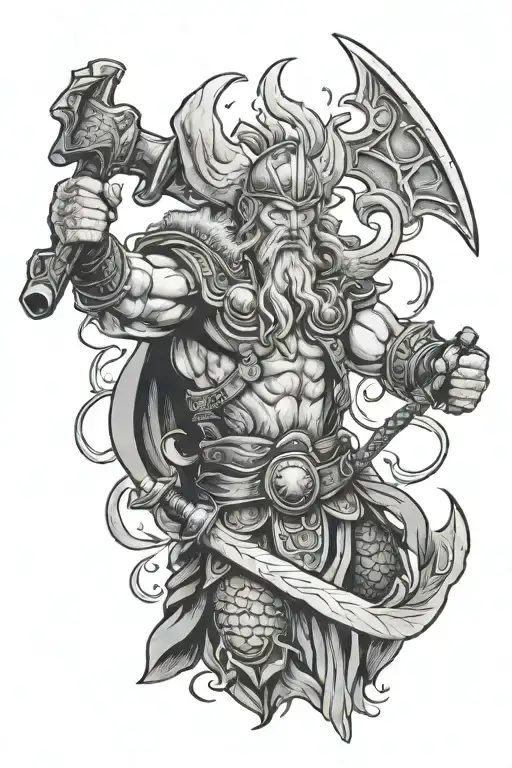 Perun, Slavic god of thunder, holding a hammer with fierce expression. Features an eagle, lightning, and dominance. tattoo design idea