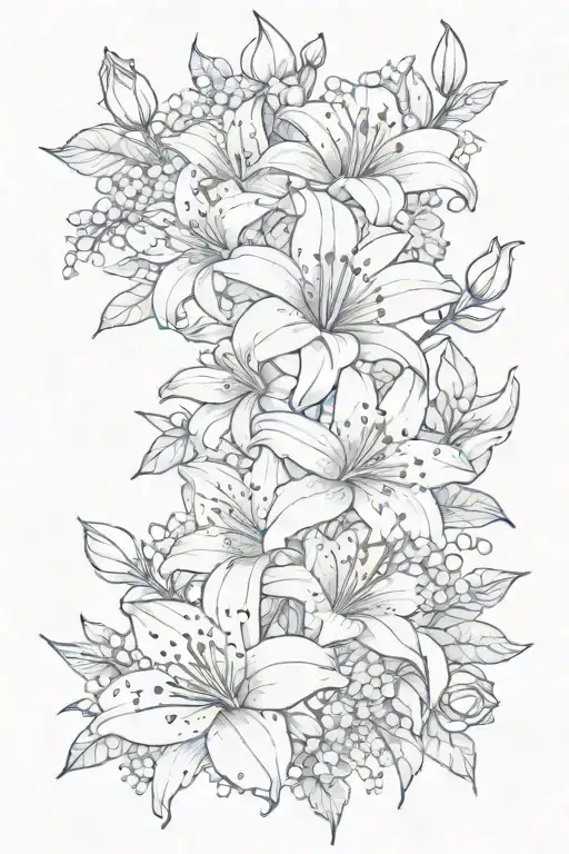 Roses, white lilies, daisies, gypsophila tattoo design idea