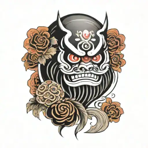 daruma and bitcoin technology style tattoo design idea