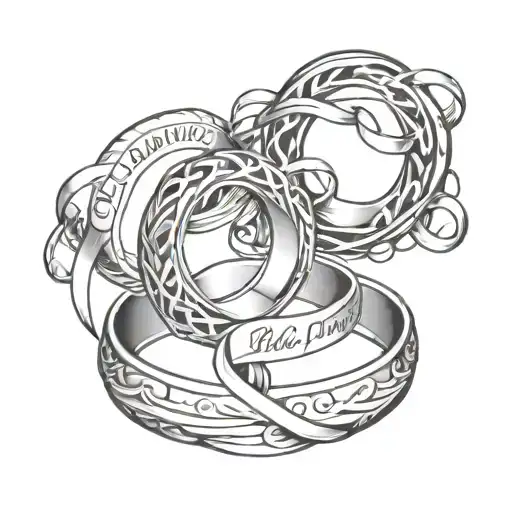 Two intertwined wedding rings. A ribbons that circles around the rings with the names, Madison, Mallory and Ellie. A dag tattoo design idea