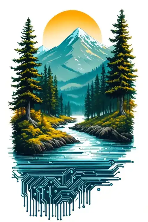 microchip circuit infused with forest with river flowing and  mountain in background  tattoo design idea