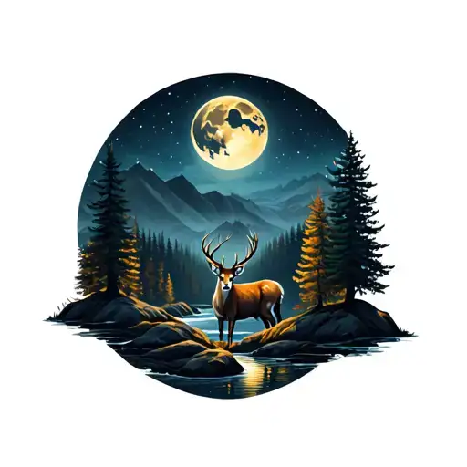 A deer with the moon in this is a fir forest and a river that crosses all tattoo design idea