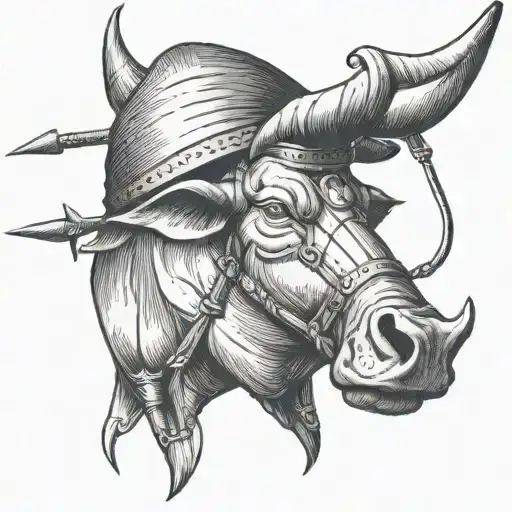 Bull holding a bow and arrow, with a dutch windmill as a hat tattoo design idea