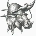 Bull holding a bow and arrow, with a dutch windmill as a hat tattoo design idea