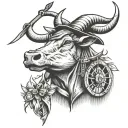 Bull holding a bow and arrow, with a dutch windmill as a hat tattoo design idea