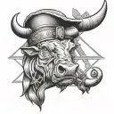 Bull holding a bow and arrow, with a dutch windmill as a hat tattoo design idea