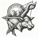 Bull holding a bow and arrow, with a dutch windmill as a hat tattoo design idea