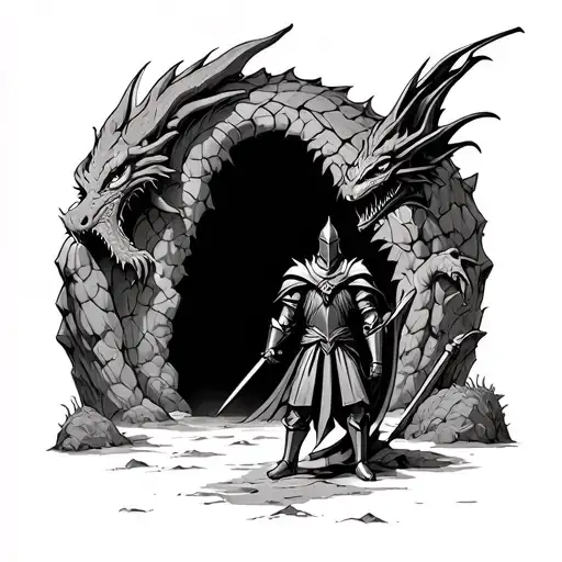 Knight standing outside a cave facing a dragon emerging tattoo design idea