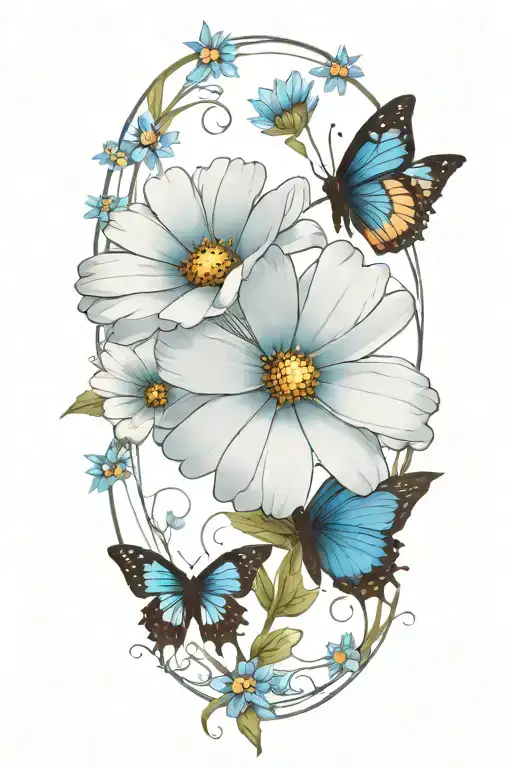 daisys, blue cosmos flowers, a single butterfly tattoo design idea