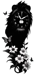 Lion, clock, eye, 3 Cubs, daffodils,daisies,butterflies tattoo design idea