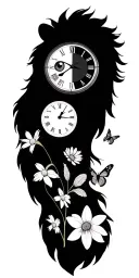 Lion, clock, eye, 3 Cubs, daffodils,daisies,butterflies tattoo design idea
