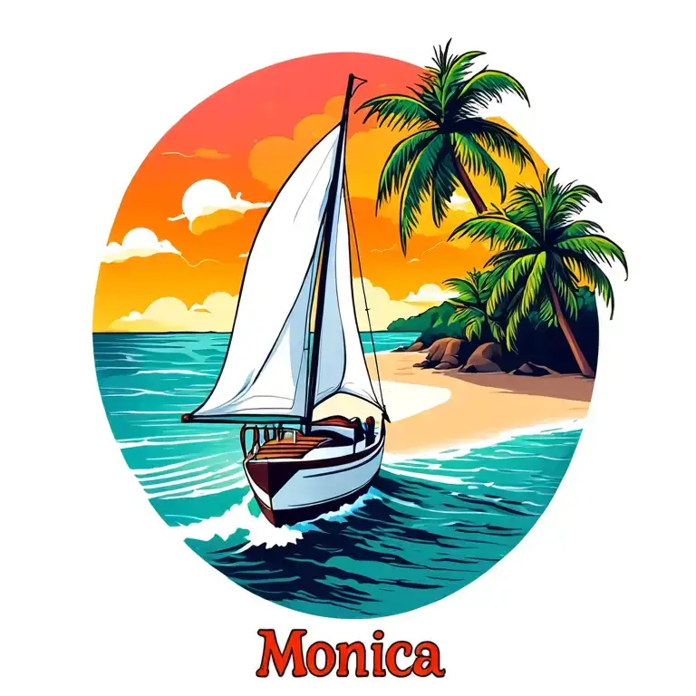 "Monica" "Monica" white sailboat sailing away towards sunrise sky, ocean, island with palm, beach tattoo design idea