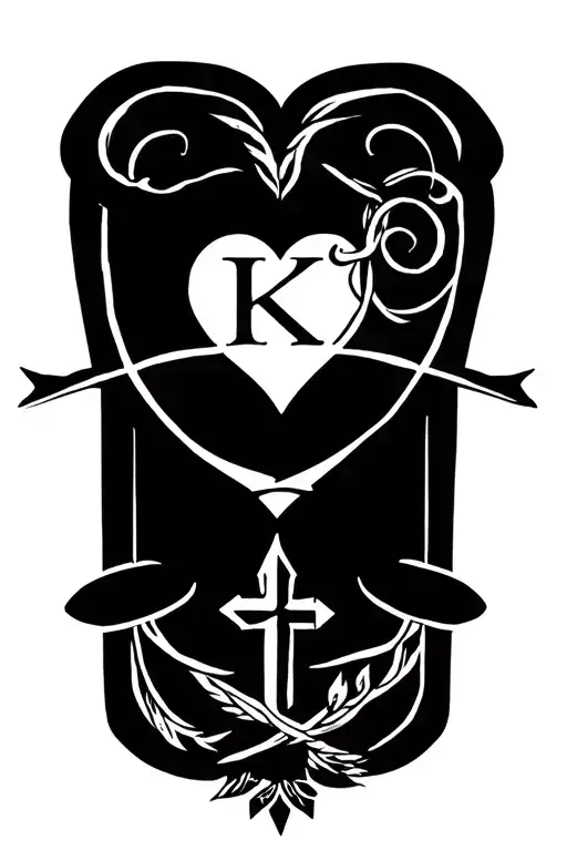 A sheet metal inspired tattoo featuring symbols of family and god, such as a sheet metal heart with family initials and a religious symbol intertwined tattoo design idea