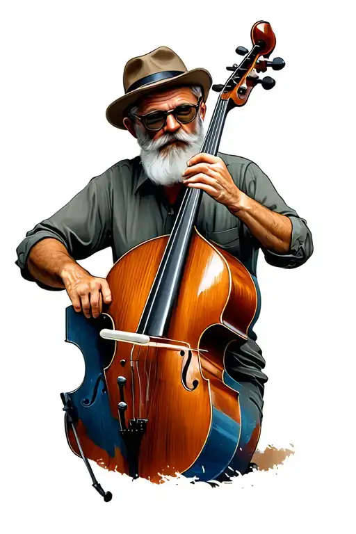 Old man with grey beard, aviator glasses, pork-pie hat, playing Double Bass tattoo design idea