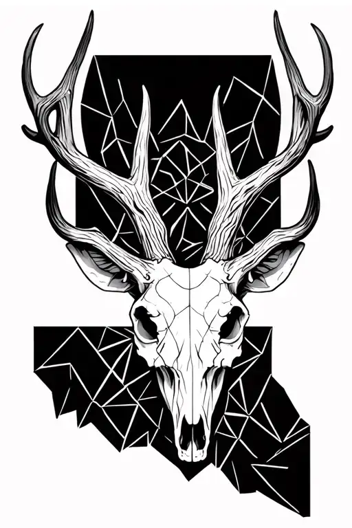 fine line stag skull with lines going above and below it. along the lines to have some geometric patterns  tattoo design idea