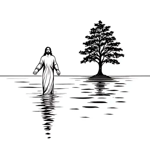 A minimalist representation of Jesus walking on water, with a tree growing from the water symbolizing faith and family roots tattoo design idea
