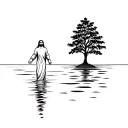 A minimalist representation of Jesus walking on water, with a tree growing from the water symbolizing faith and family roots tattoo design idea
