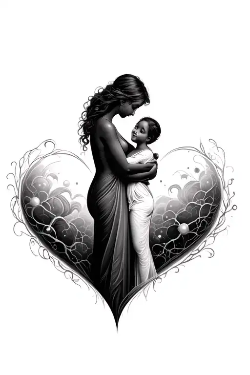 fine line dainty mother hugging child inside atomically correct heart tattoo design idea