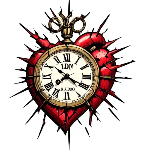 shattered heart clock set to 6:40 with "LDN" in the clockface tattoo design idea