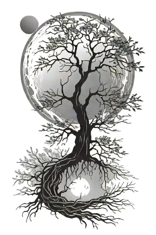 moon and willow tree branches reaching towards tattoo design idea